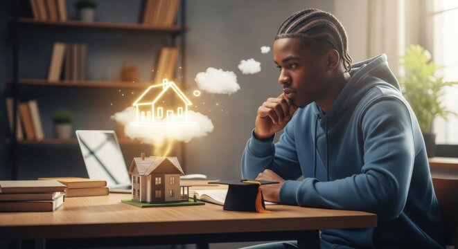 Young black man contemplating his future dream home, real estate investment, and financial goals