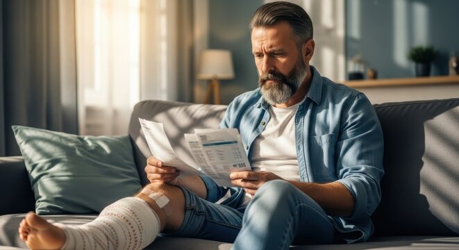 Concerned bearded man with bandaged leg reviewing medical bills on couch