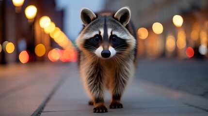 Raccoon is walking on a sidewalk in the city. The image has a moody and mysterious feel to it, as the raccoon is alone and he is looking at the camera