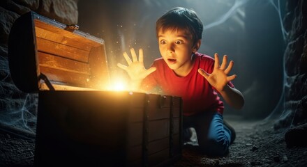Child wide eyed surprise at a glowing treasure chest in a dark cave