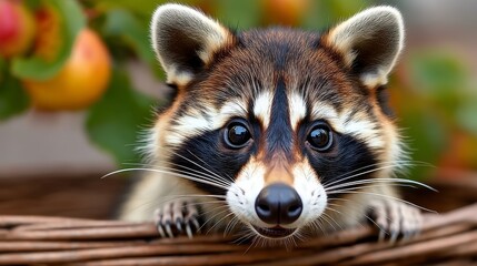 Obraz premium Raccoon with a black nose and brown and white fur is looking at the camera. The raccoon is in a basket with apples