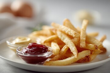 Crispy golden French fries served with ketchup and mayonnaise on a white plate, tasty snack food item for casual dining, fast food meal
