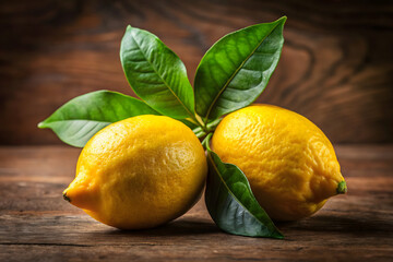 Two lemons with lush green leaves rest on a warm brown background