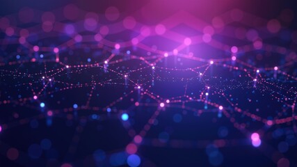 Abstract bright glowing neon purple blue hexagonal network pattern high tech background. Digital innovation and technology concepts.