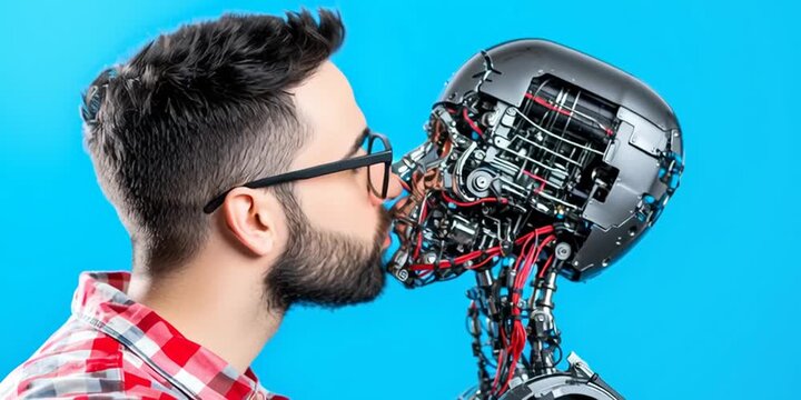 A lonely incel man kissing his AI chatbot girlfriend