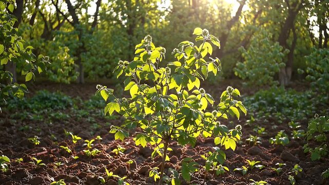 A nursery garden in spring filled with native trees like sprouting fresh green buds surrounded by lush design landscaping and seasonal growth ideal for eco visuals