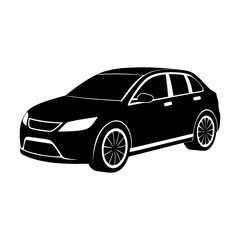 Illustration of a black hatchback car with white accents on a white background