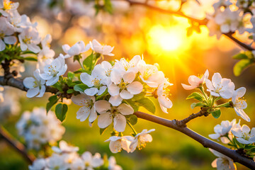 White apple blossoms in full bloom on a branch, illuminated by the golden rays of the setting sun, create a serene and enchanting springtime scenery in the garden