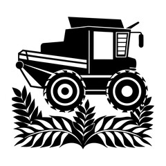 Black and white combine harvester with wheat stalks silhouette art