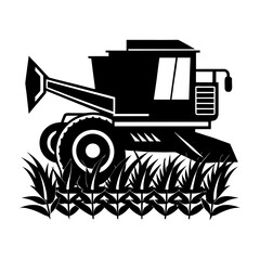 Illustration of a black combine harvester in a field of crops vector