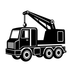 Illustration of a black and white tow truck with a crane arm extended