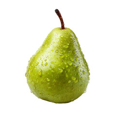 A single, ripe green pear glistening with water droplets, isolated on transparent background, showcasing its freshness and juicy texture