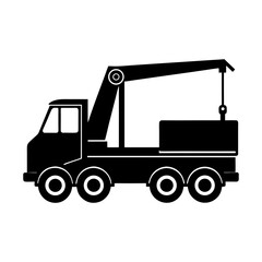 Silhouette of a crane truck with a boom and six wheels in black color