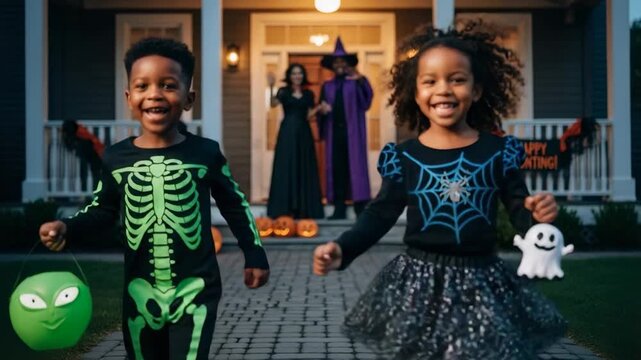 Happy african american children in halloween costumes running for trick or treat - Powered by Adobe