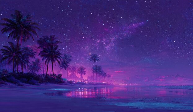 Starry beach at night, vibrant colors