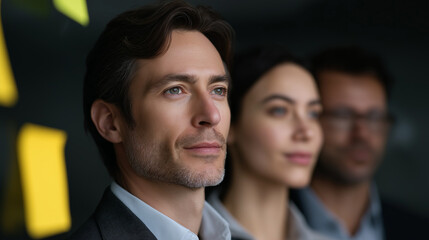 A thoughtful man with light eyes and a beard looks to the side, with two blurred colleagues behind him, suggesting a focused and forward-thinking business team.