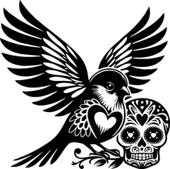 Mexican-Style Sparrow Silhouette in Flight with Aztec Feather Patterns