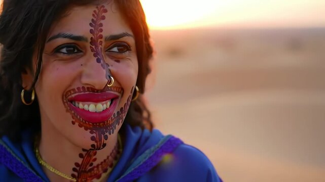 Close up of a smiling Bedouin woman with traditional face art in the desert at golden hour