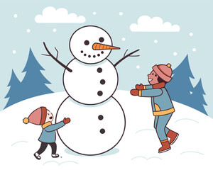 Winter Snowman and Kids Playing | Cold Weather Family Fun