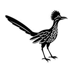 A black silhouette of a roadrunner bird standing on its two feet side view