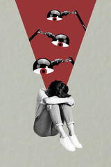 Composite zine pop trend collage of upset girl sit lamp ray eyeball stare control freemason bullying tension problem hate