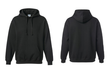 Black Hooded Sweatshirt with Kangaroo Pocket and Drawstrings Front and Back Views