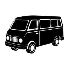 Illustration of a vintage black and white van with multiple windows side view