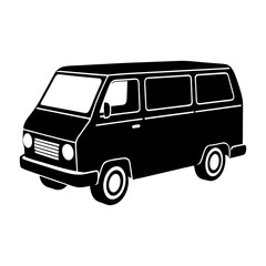 Illustration of a vintage van in solid black with white tire accents
