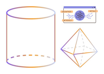 Transparent cylinder and octahedron geometry joined with a quantum computer interface. Ideal for education, science, technology, mathematics, geometry, quantum mechanics, simple flat metaphor
