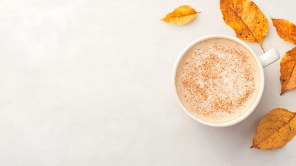Cozy autumn coffee with fall leaves on a neutral background