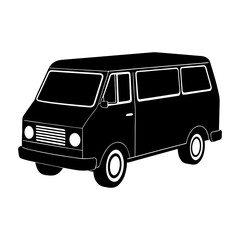 A black silhouette of a passenger van with white tire details shown