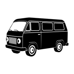 Illustration of a black and white vintage van side view with windows