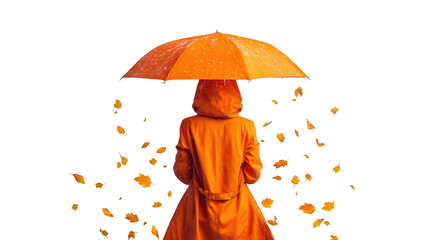 Person under umbrella, autumn leaves fall, created with AI, PNG