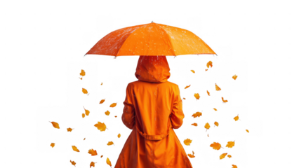 Person under umbrella, autumn leaves fall, created with AI, PNG
