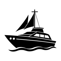 Illustration of a black silhouette sailboat with sails on wavy water