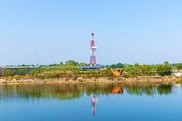 The scene of fish ponds under the blue sky in Huangxu Town, Deyang City, Sichuan Province, China