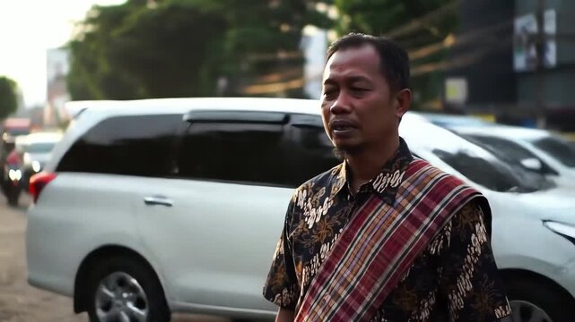 Thoughtful Indonesian man in a traditional batik shirt and sash stands on a busy urban street