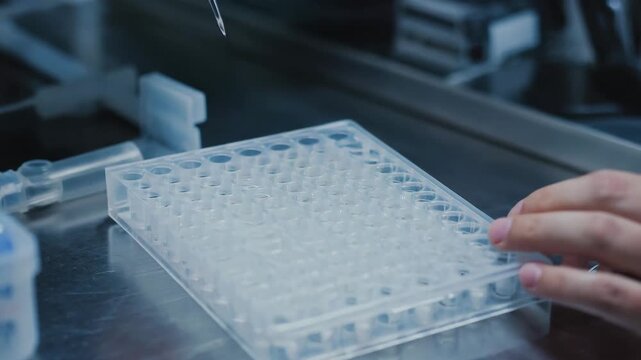 A close-up of a scientist or lab technician using a multi-channel pipette to dispense precise droplets into a microplate for a scientific experiment. - Powered by Adobe