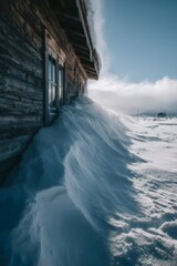 Obraz premium Powdery snow blanketing weathered wooden cabin, highlighting rugged wilderness landscape under intense winter storm conditions