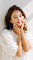 Young Asian Woman with Transparent Gel Collagen Mask, Korean Beauty Ritual for Firming and Youthful Skin, Vertical Skincare Photo.