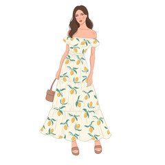 Charming fashion illustration of a stylish woman in a vibrant off-the-shoulder maxi dress with a cheerful lemon print. 
