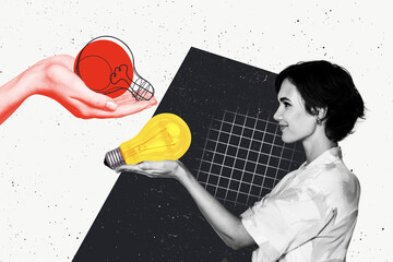 Composite artwork collage template sketch of young lady smile hand hold idea lamp creative jigsaw...