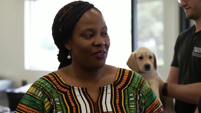 Cheerful woman in traditional African attire smiling while a colleague holds a cute puppy