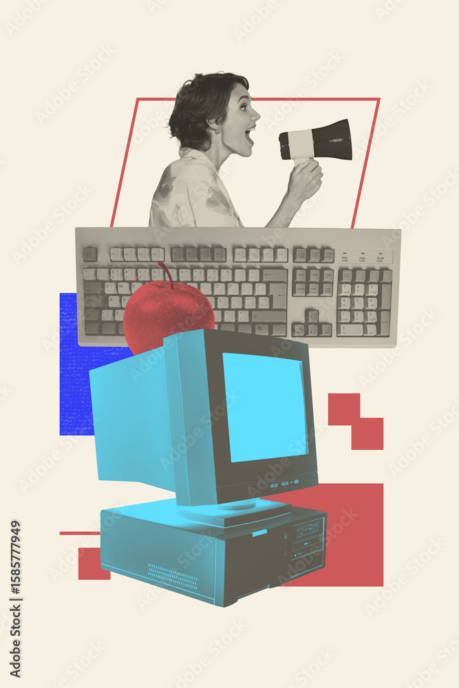 Aufkleber Template collage design trend artwork 3D sketch of computer monitor young lady talk megaphone keypad programmer coding data web writing