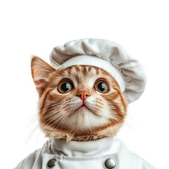 Portrait of a funny cat disguised as a chef isolated on a cutout PNG transparent background