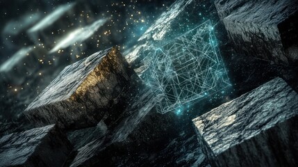 Abstract geometric cube design within a cluster of blocks.