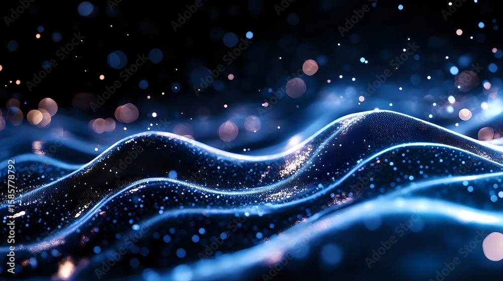 Poster glowing blue waves with sparkles and bokeh effects on dark background create magical abstract compos