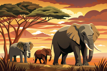 Wild African elephants, large pachyderms with impressive tusks, roam freely in their natural park habitat, often seen in families with their babies on a safari