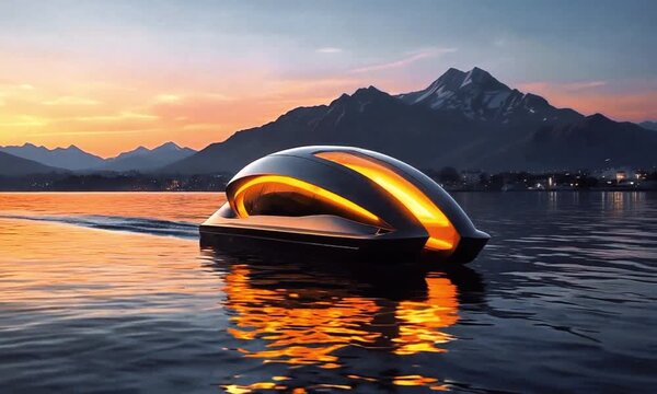A futuristic boat floating on a body of water at sunset, with mountains in the background.