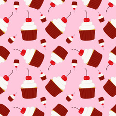 Hand-drawn cupcake frosting and cherry on top isolated on a pink background pattern ,cute cupcakes and cherries collection, design for party and fabric.